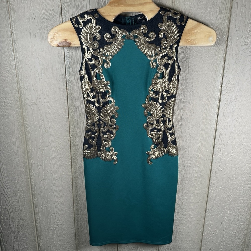 Tadashi Shoji Emerald Green Gold Sequin Neoprene Sheath Dress Small Sleeveless